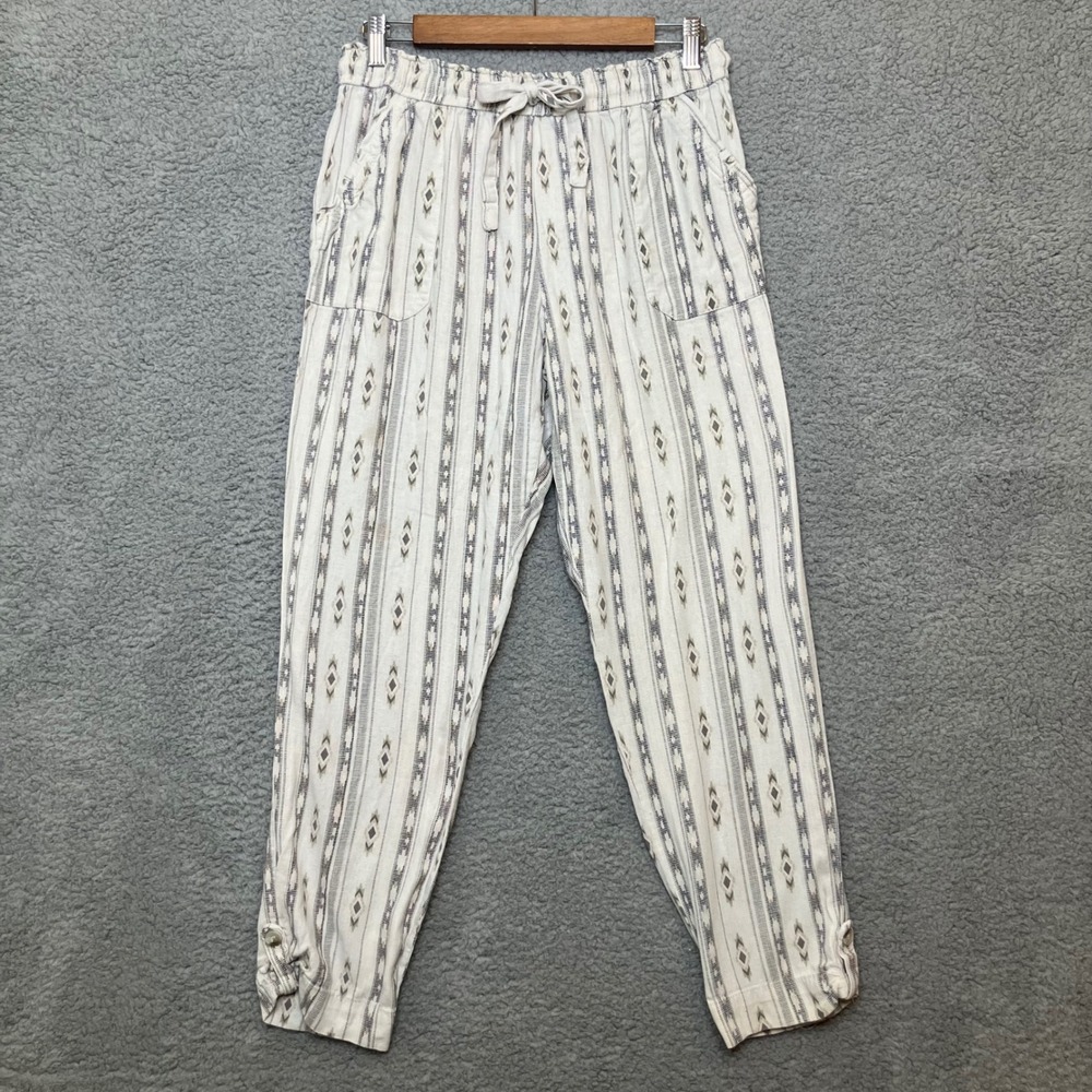Rewash Jogger Pants Women XL Linen Blend Striped Geometric Cream‎ Gray Spring